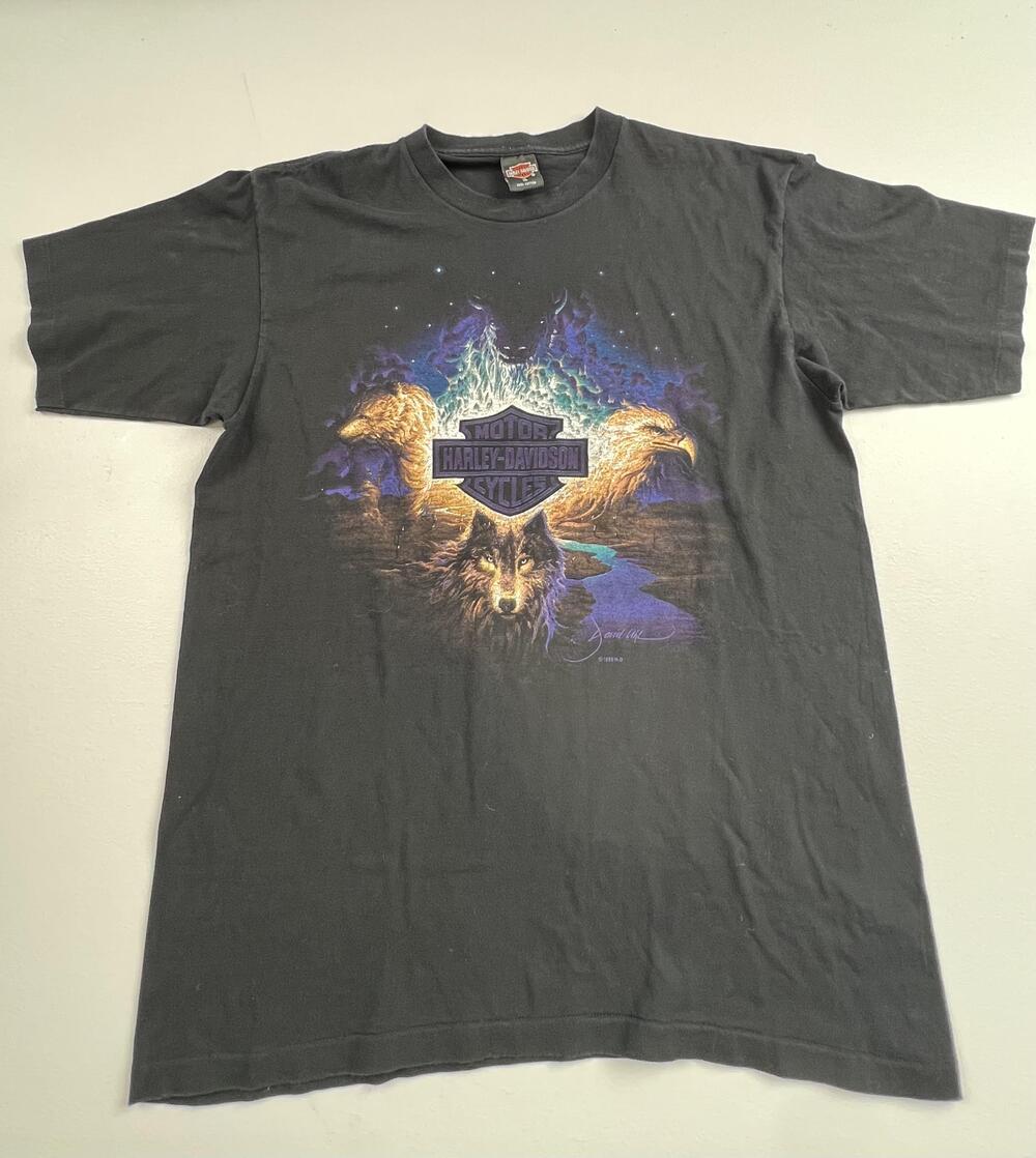 Vintage Harley-Davidson Shirt Mens XL Black Wolf Eagle 90's Holoubek Tee USA VTG